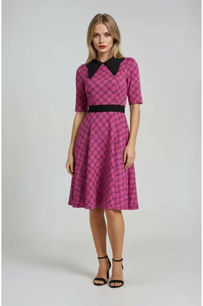 Rochie Fofy retro midi ciclame cu imprimeu negru și guler negru supradimensionat