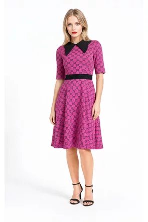 Rochie Fofy retro midi ciclame cu imprimeu negru și guler negru supradimensionat