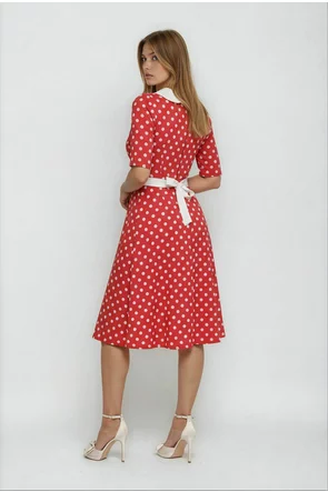 Rochie Fofy retro midi corai cu buline albe și guler alb supradimensionat