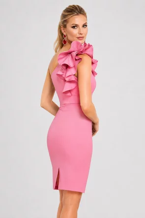 Rochie Fofy roz de ocazie asimetrica cu volane maxi pe umar