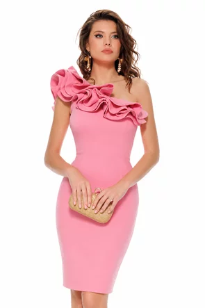 Rochie Fofy roz de ocazie asimetrica cu volane maxi pe umar