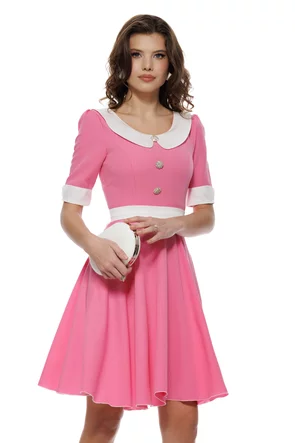 Rochie Fofy roz si dungulite fine cu guler retro la contrast si cordon