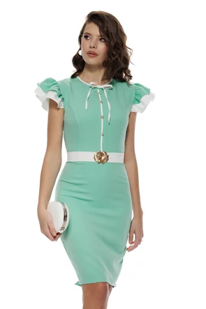Rochie Fofy verde mentă cu volane la mâneci, talie marcată și detalii elegante