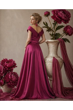 Rochie lungă elegantă Fofy din tafta magenta premium cu decolteu pe umeri