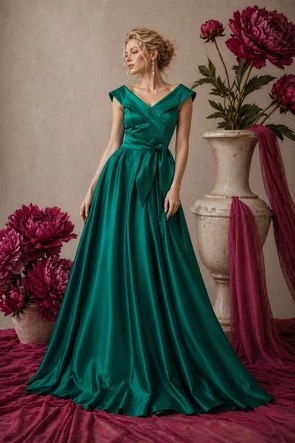 Rochie lungă elegantă Fofy din tafta verde premium cu decolteu pe umeri