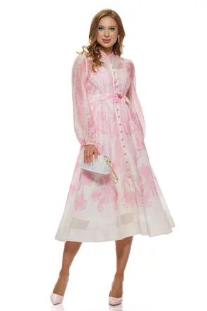 Rochie lunga premium roz din organza cu imprimeu paisley baroc cu buzunare si nasturi cristal