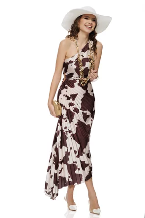 Rochie midi de vara croi asimetric din satin imprimat plisat cu decupaj de cambrare in talie