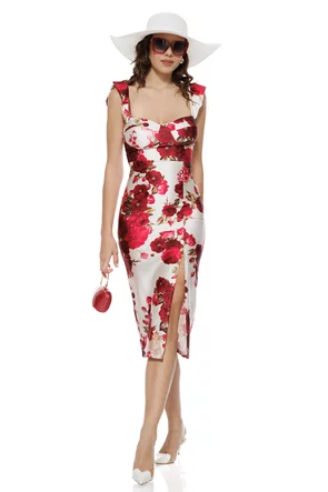 Rochie midi de vara din lycra satinata cu imprimeu tradafiri si cupe buretate