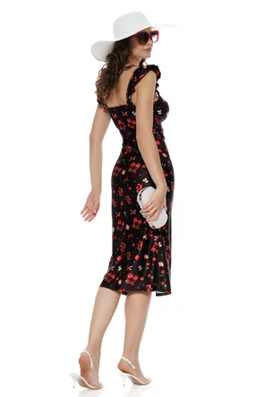 Rochie midi de vara din lycra satinata neagra cu imprimeu cirese si cupe buretate