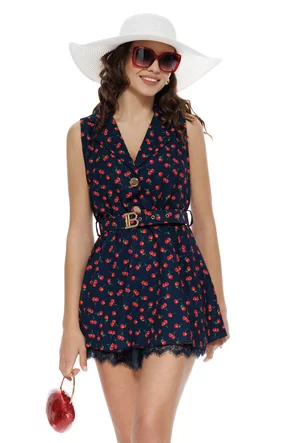 Rochie mini de vara bleumarin cu revere cu dublura de pantalon scurt conturat cu dantela imprimeu cirese
