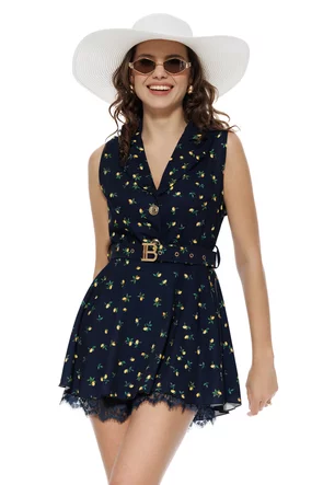 Rochie mini de vara bleumarin cu revere cu dublura de pantalon scurt conturat cu dantela imprimeu lamai
