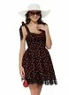 Rochie mini de vara neagra cu cirese cupe buretate fusta in pliuri conturata cu dantela