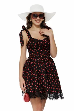 Rochie mini de vara neagra cu cirese cupe buretate fusta in pliuri conturata cu dantela