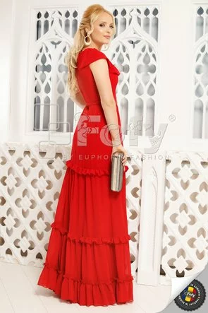 Rochie roșie lungă cu volane