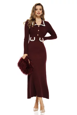 Rochie tricotata bordo cu casmir premium contururi impletite albe si de talii aurii
