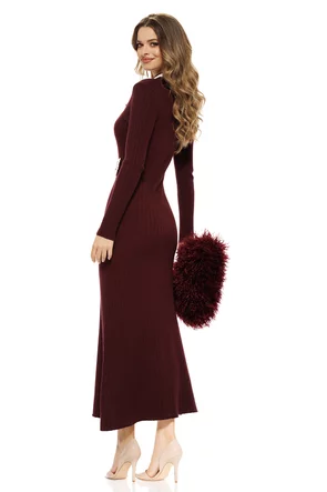 Rochie tricotata bordo cu casmir premium contururi impletite albe si de talii aurii