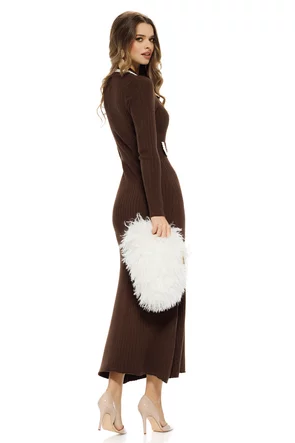 Rochie tricotata maro cu casmir premium contururi impletite albe si de talii aurii