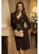 Rochie tricotata petrecuta premium maro cu guler si clape conturate cu lantisor auriu