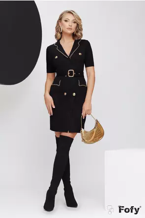 Rochie tricotata stil sacou mini neagra premium cu contururi catarama si nasturi aurii