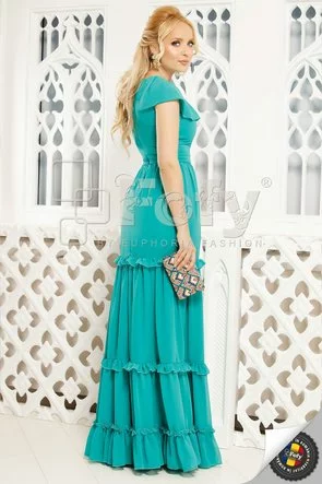 Rochie turquoise lungă cu volane