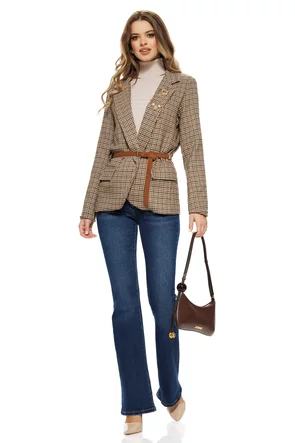 Sacou dama elegant din stofa supersoft in carouri fine cu accesorii aurii si curea