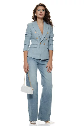 Sacou dama elegant din stofa tweed premium baby blue cu nasturi metalici