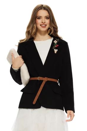 Sacou dama elegant negru din stofa supersoft cu accesorii aurii si curea