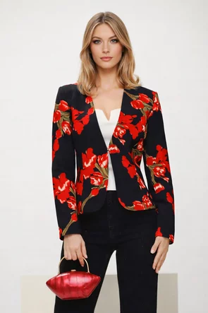 Sacou dama Fofy elegant  negru cu croiala cambrata si imprimeu lalele rosii