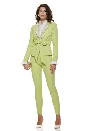 Sacou dama Fofy verde lime cu croiala cambrata cu cordon in talie si fara revere