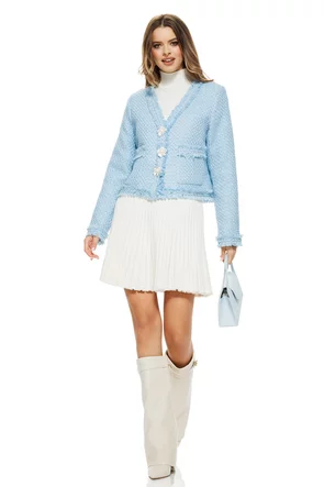 Sacou dama premium elegant din tweed bleu cu paiete fine si accesorii florale perlate