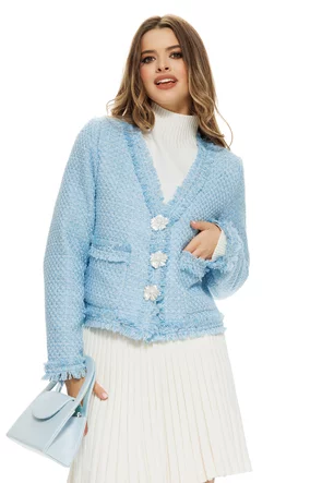 Sacou dama premium elegant din tweed bleu cu paiete fine si accesorii florale perlate