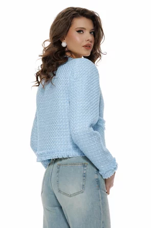 Sacou dama premium elegant din tweed bleu cu paiete fine si accesorii florale perlate