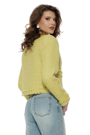 Sacou dama premium elegant din tweed lime cu paiete fine si accesorii florale perlate