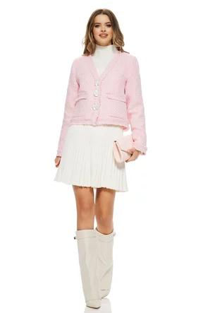 Sacou dama premium elegant din tweed roz cu paiete fine si accesorii florale perlate