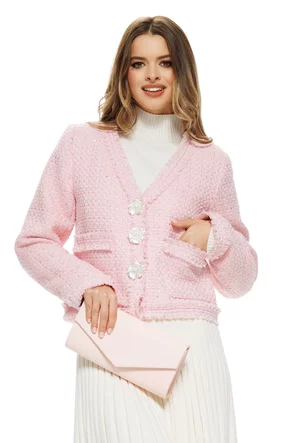 Sacou dama premium elegant din tweed roz cu paiete fine si accesorii florale perlate