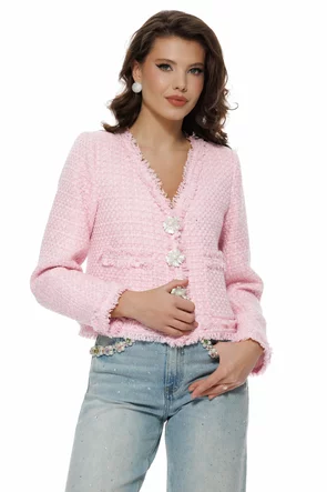 Sacou dama premium elegant din tweed roz cu paiete fine si accesorii florale perlate