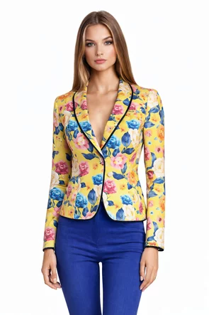 Sacou Fofy cambrat galben cu flori albe și galbene