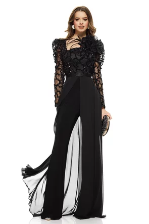Salopeta spectaculoasa de ocazie premium cu bust din dantela paietata pantalon evazat cu trena de voal si floare decorativa