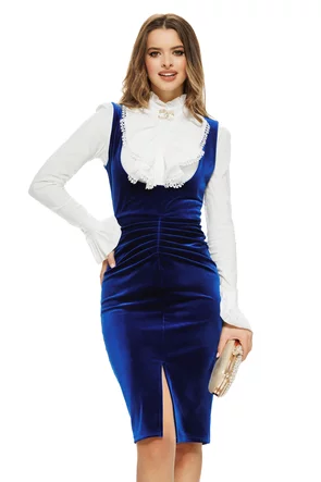 Sarafan albastru Fofy damă elegant din catifea , midi ,croi cambrat