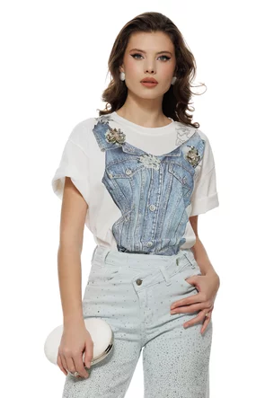 Tricou dama alb lung cu imprimeu corset de blug si aplicatii florale argintii