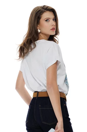 Tricou dama alb premium imprimeu paisley baby blue cu pelicula metalica