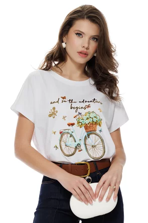 Tricou dama alb premium imprimeu retro bicicleta cos cu flori
