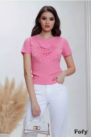Tricou dama ciclame inima cu aplicatii de tull perle si strassuri