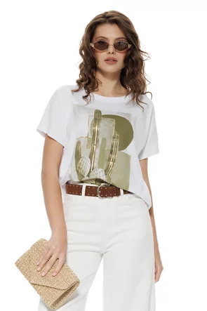 Tricou dama din bumbac premium pelicula aurie imprimeu cactus safari summer 2026
