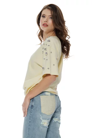 Tricou dama galben pai premium din bumbac cu accesorii metalice argintii