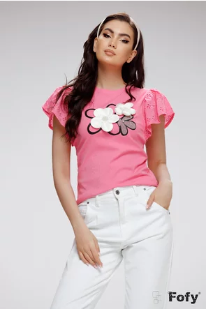 Tricou dama premium roz cu maneci din bumbac brodat si flori 3D satinate