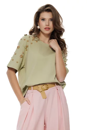 Tricou dama vernil fistic premium din bumbac  cu accesorii metalice aurii