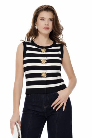 Vesta dama eleganta neagra in dungi din tricot premium cu capse metalice tip bijuterie aurii