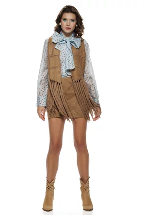 Vesta dama premium camel din piele intoarsa suede cu broderie geometrica si franjuri lungi