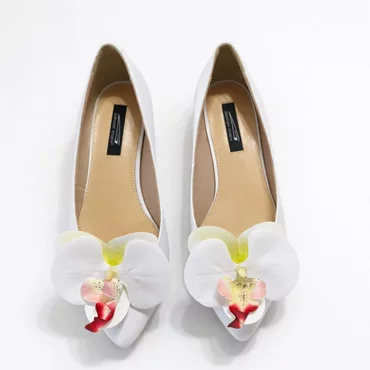 Balerini Piele Naturala Albi cu accesoriu floare detasabil Orchid